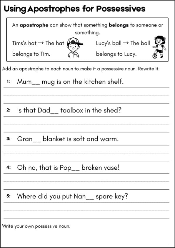 Possessive Nouns Worksheets | Add the Apostrophe, Grade 1-3