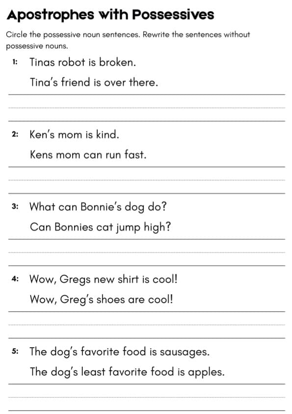 Possessive Nouns Worksheets | Circle the Correct Apostrophe & Rewrite, Grade 1-3