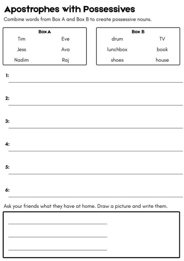 Possessive Apostrophes Worksheets | Combine Names and Objects | Grade 1-3 ESL | 1st Grade Grammar
