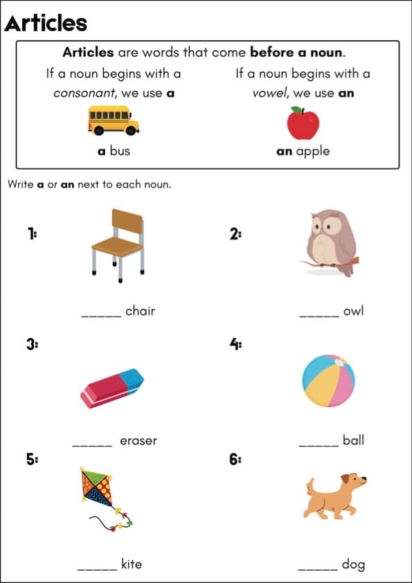 Articles A and AN Worksheets | Picture Noun Practice | Grade 1 ESL | 1st Grade Grammar