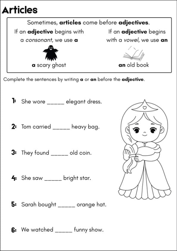 Articles A and AN Before Adjectives Worksheets | Sentence Fill-In | Grade 1 Grammar | 1st Grade Grammar