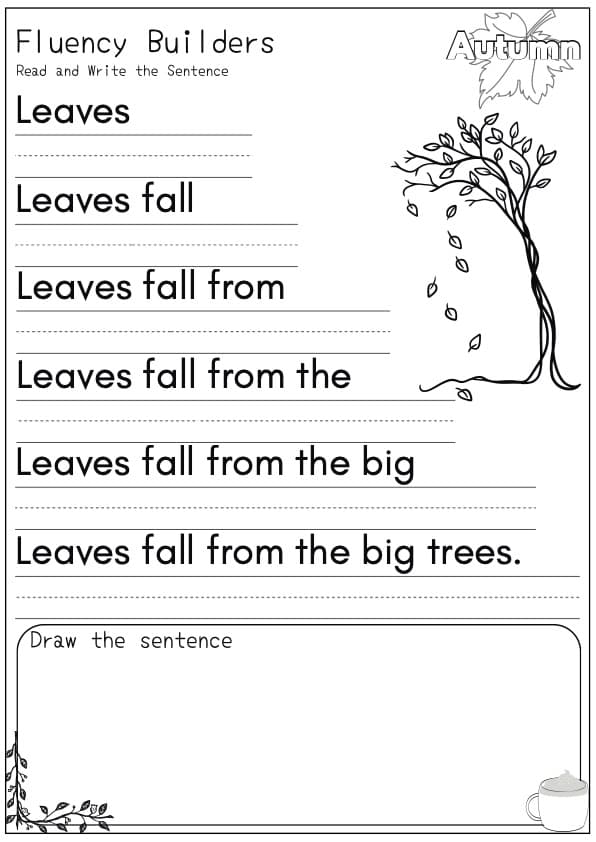 Autumn Fluency Pyramid Worksheets | 30 Read, Write and Draw Sentences | Grade 1 | 1st Grade Writing