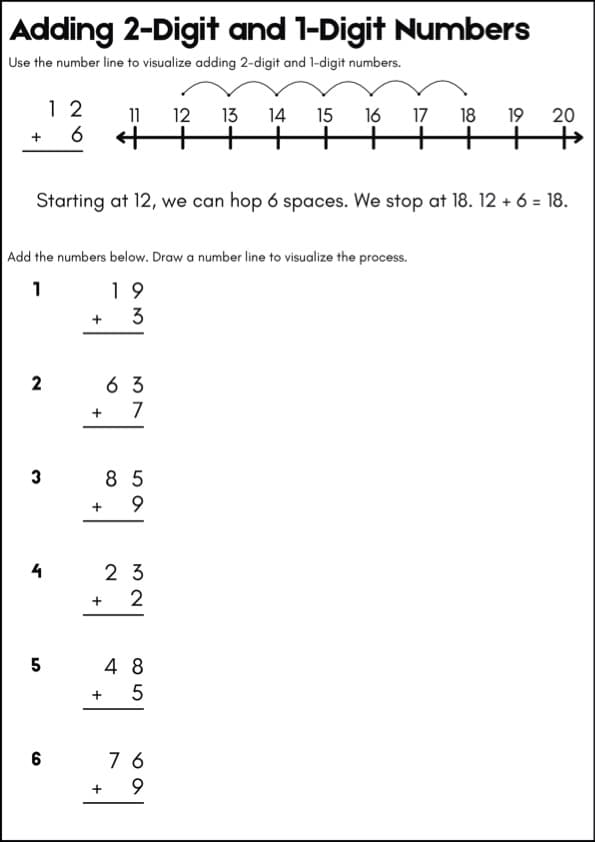 2-Digit Plus 1-Digit Addition with Number Lines | Grade 1-2 Math
