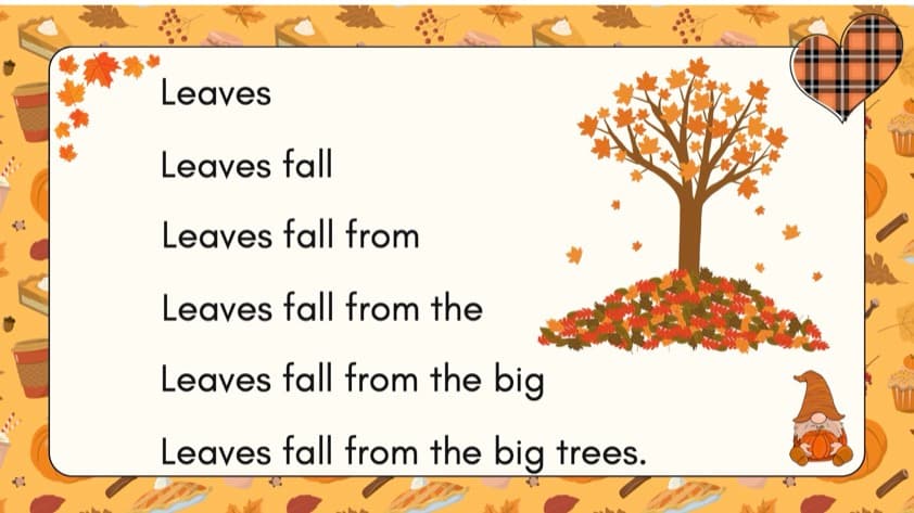 Autumn Sentence Pyramid Slides | 30 Fluency Practice Cards | Grade 1 ESL | 1st Grade Grammar
