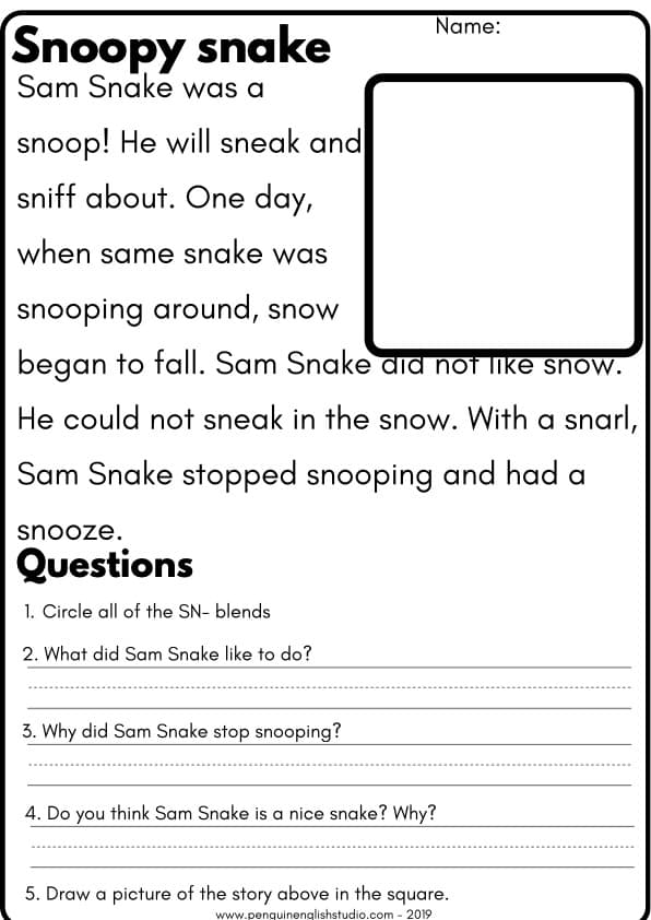 S Blends Reading Passages SN SP ST | 6 Short Stories with Questions | 1st Grade Blends
