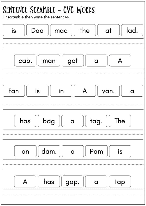 CVC Scrambled Sentences | Decodable Sentence Building Worksheets | 1st Grade CVC Words