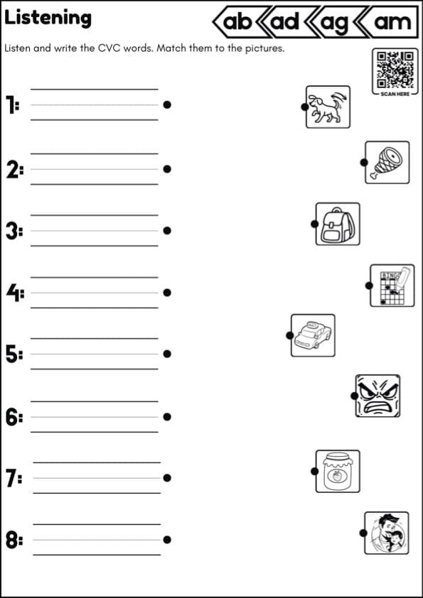 CVC Dictation Worksheets with QR Code Audio | Short Vowel Listening and Writing | 1st Grade CVC Words