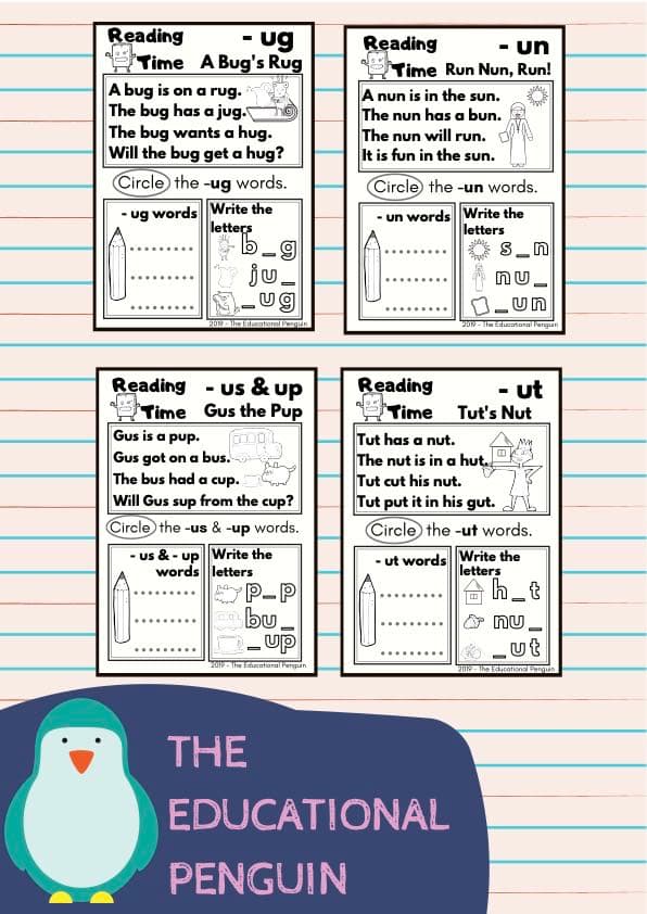Short U CVC Reading Passages | 4 Word Family Decodable Stories | 1st Grade CVC Words