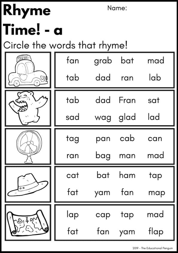 CVC Rhyming Worksheets | Short Vowel Word Families A, E, I, O, U | 25 Pages Kindergarten ESL