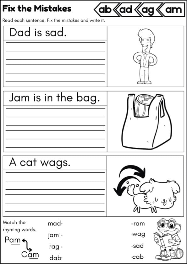CVC Sentence Writing Worksheets | Short Vowel Word Families and Rhyming | 1st Grade CVC Words